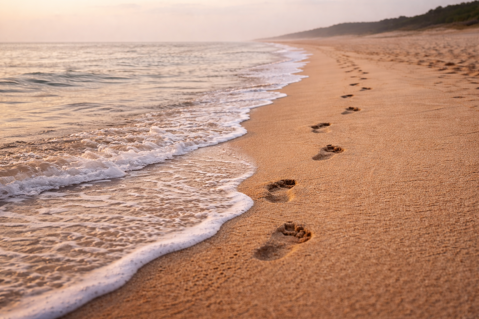 Des pas s’éloignent de la mer vers la plage pendant que les vagues effacent doucement les traces