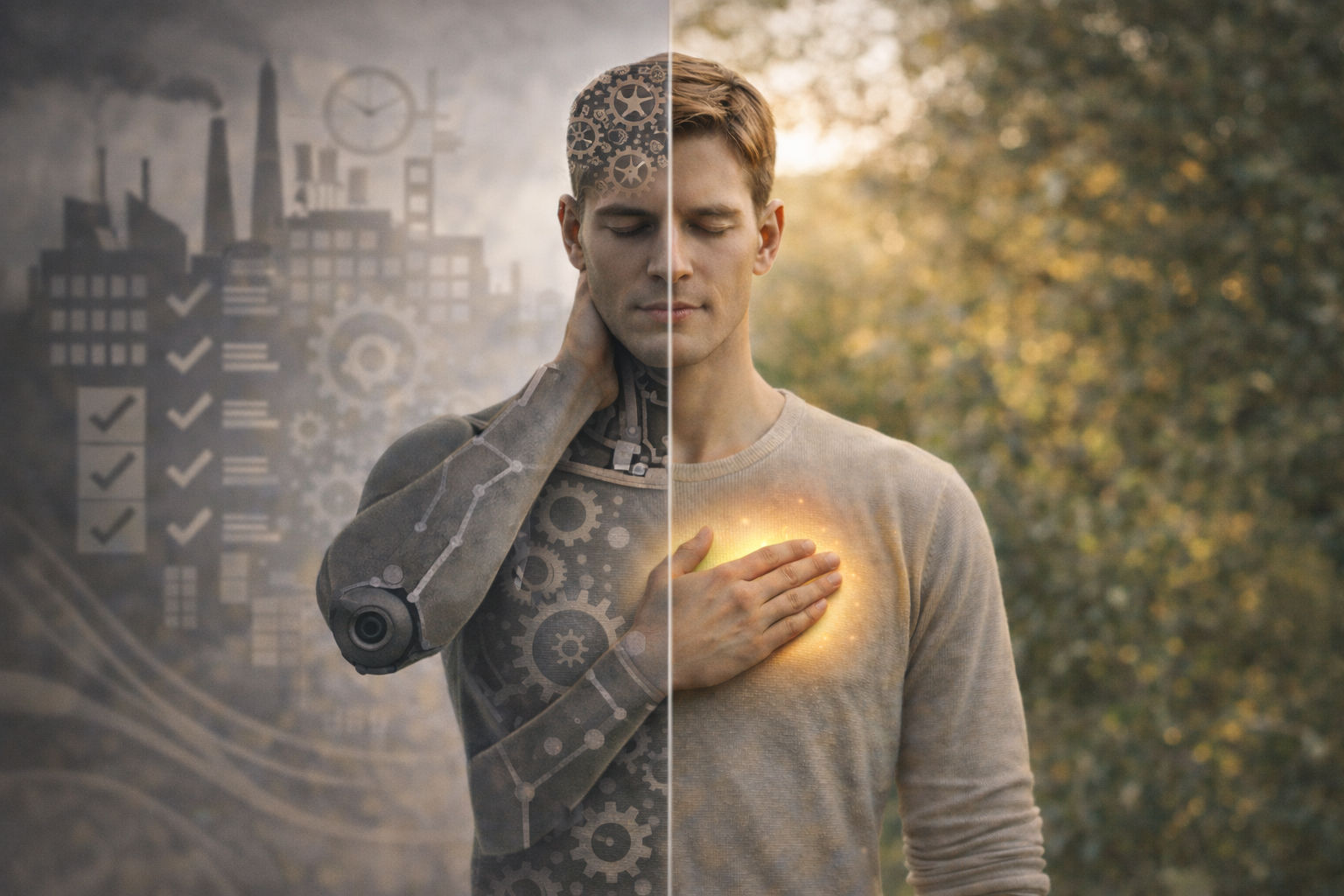 Homme partagé entre performance mécanique et écoute du corps, symbole de la réconciliation entre le corps et l’esprit